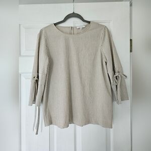 Calvin Klein Beige Striped Seersucker Blouse with Sleeve Ties